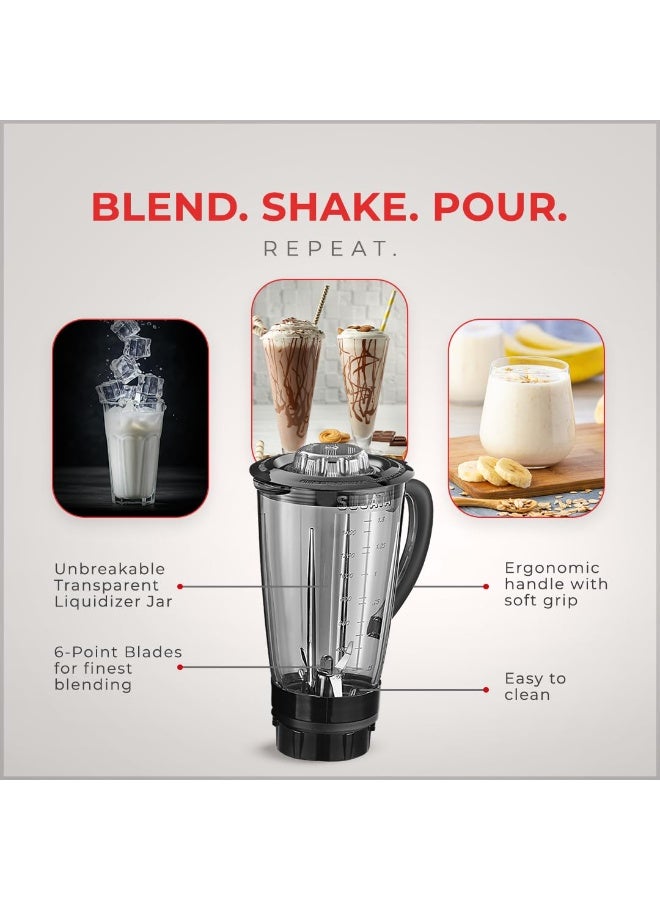 سوجاتا Sujata Supermix Mixer Grinder | 900 Watts Double Ball Bearing Motor | 22000 RPM | Non-Stop 90 Mins Running | 3 Jars including 1750ml Blender, 1000ml Grinder, 500ml Chutney Jar | Black - Image 3